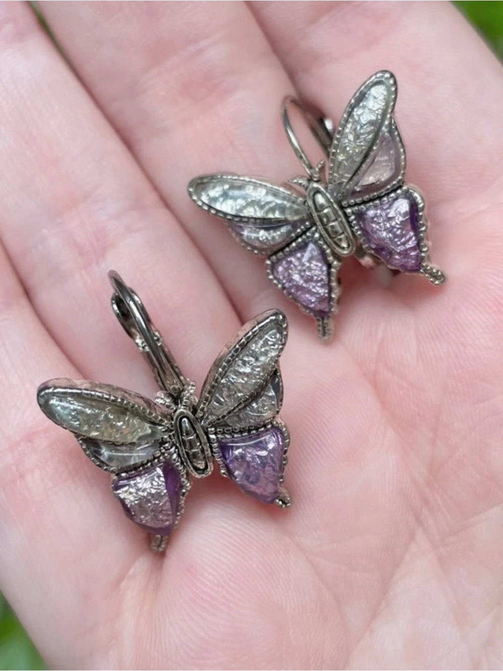 Y2K Style Silver Tone Purple Gem Butterfly Earrings